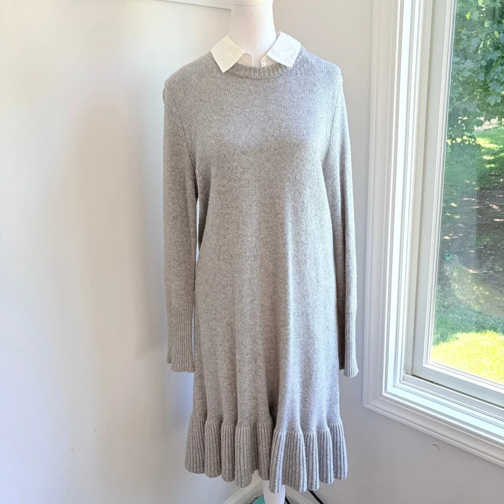 Cinq a Sept Wool Cashmere Sweater Dress Medium Gray Ruffle Hem Knit Luxury